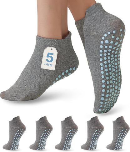 5 Pairs Pilates Socks with Grips for Women Non Slip Grip Yoga Crew Socks for Barre Hospital Barefoot Workout