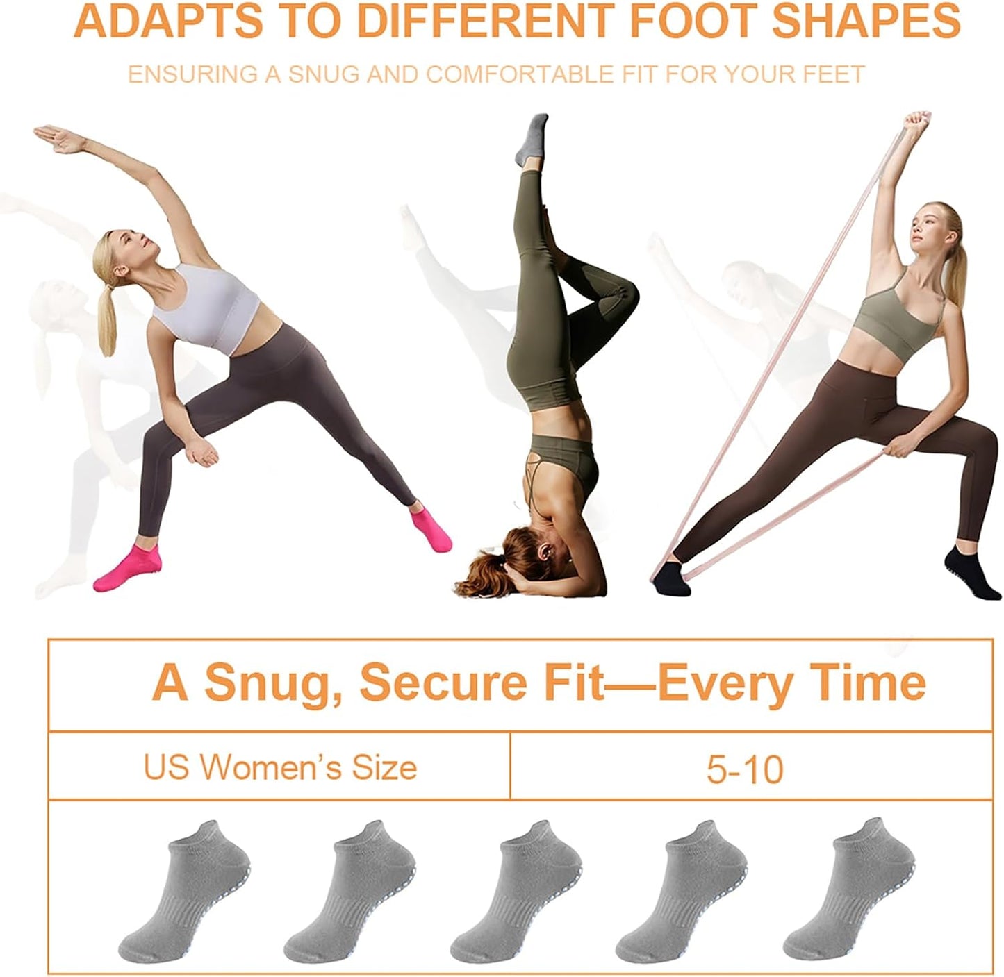 5 Pairs Pilates Socks with Grips for Women Non Slip Grip Yoga Crew Socks for Barre Hospital Barefoot Workout