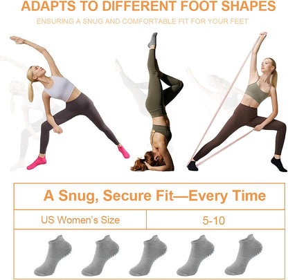 5 Pairs Pilates Socks with Grips for Women Non Slip Grip Yoga Crew Socks for Barre Hospital Barefoot Workout