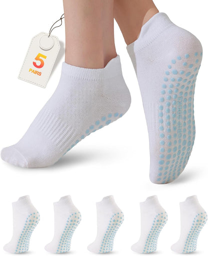 5 Pairs Pilates Socks with Grips for Women Non Slip Grip Yoga Crew Socks for Barre Hospital Barefoot Workout