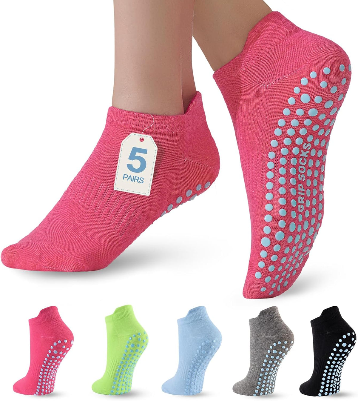 5 Pairs Pilates Socks with Grips for Women Non Slip Grip Yoga Crew Socks for Barre Hospital Barefoot Workout
