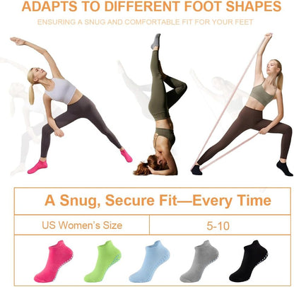 5 Pairs Pilates Socks with Grips for Women Non Slip Grip Yoga Crew Socks for Barre Hospital Barefoot Workout