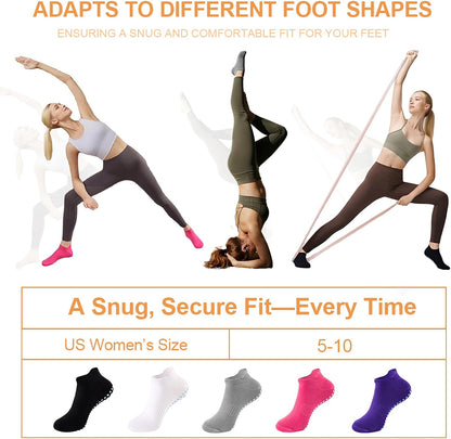 5 Pairs Pilates Socks with Grips for Women Non Slip Grip Yoga Crew Socks for Barre Hospital Barefoot Workout