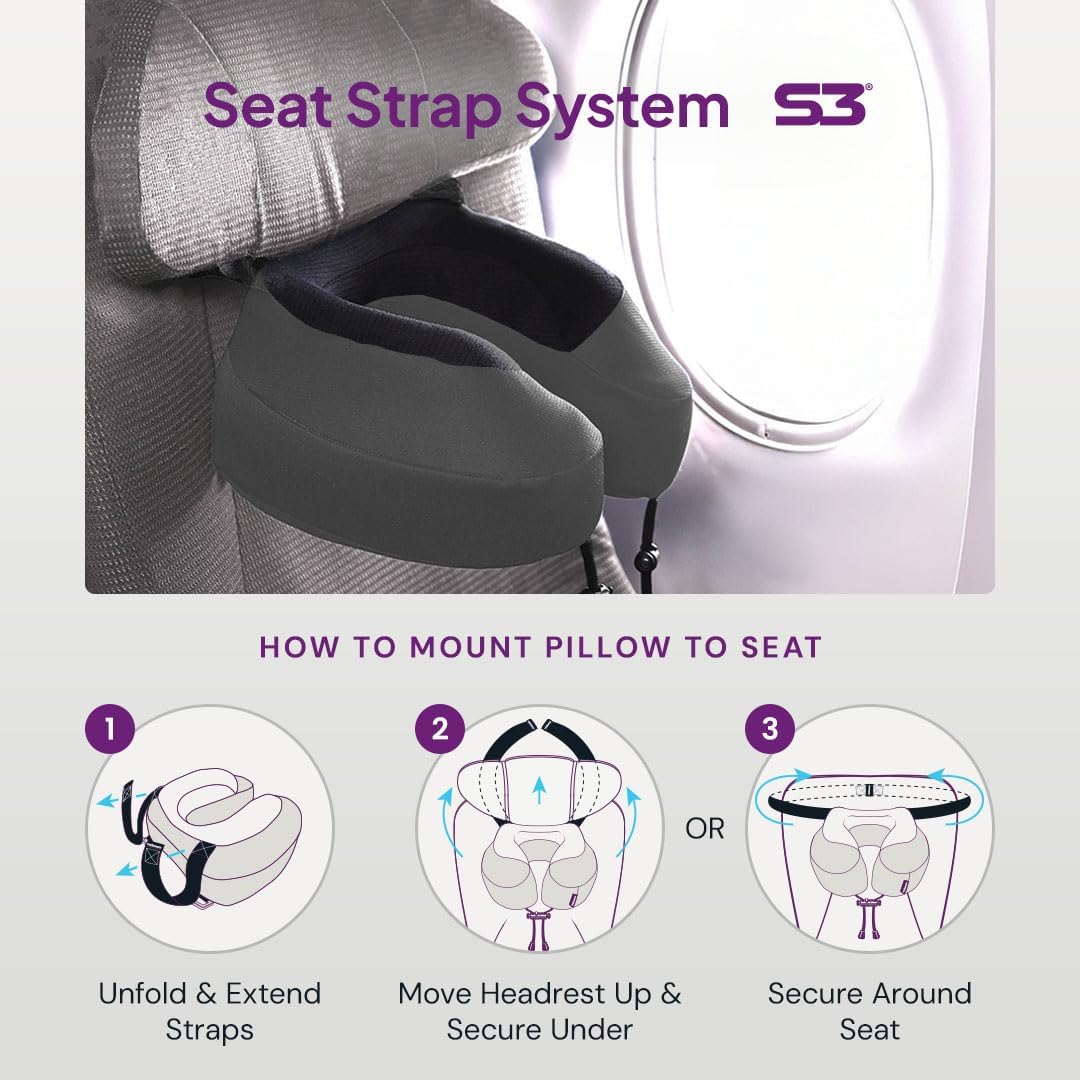 Evolution S3 Travel Pillow - Memory Foam Neck Pillow for Airplane and Long Flights with Seat Straps for Head and Neck Support, 360 Degree Support (Steel Grey)
