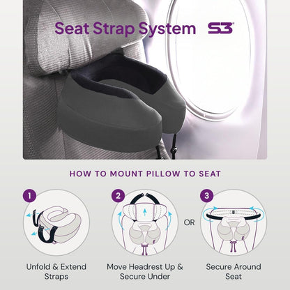 Evolution S3 Travel Pillow - Memory Foam Neck Pillow for Airplane and Long Flights with Seat Straps for Head and Neck Support, 360 Degree Support (Steel Grey)