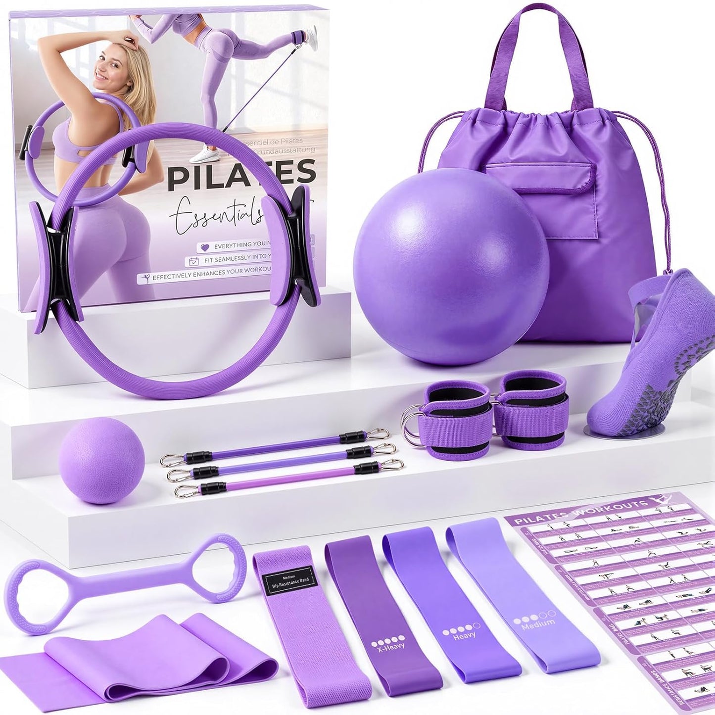 Pilates Kit, Pilates Equipment for Home Workouts, Home Pilates Essentials Kit for Women with Pilates Ring and Ball Set, Socks, Ankle Resistance Bands with Cuffs, Resistance Band and Massage Ball