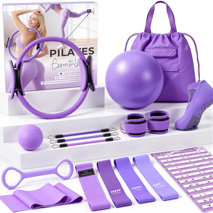 Pilates Kit, Pilates Equipment for Home Workouts, Home Pilates Essentials Kit for Women with Pilates Ring and Ball Set, Socks, Ankle Resistance Bands with Cuffs, Resistance Band and Massage Ball