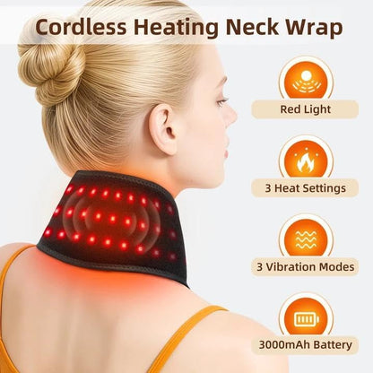 Cordless Neck Heating Pad for Pain, Neck Massager with 660nm 850nm Red Light, Heated Neck Wrap with 3000mAh Rechargeable, 3 Levels Heat & Massage, Black
