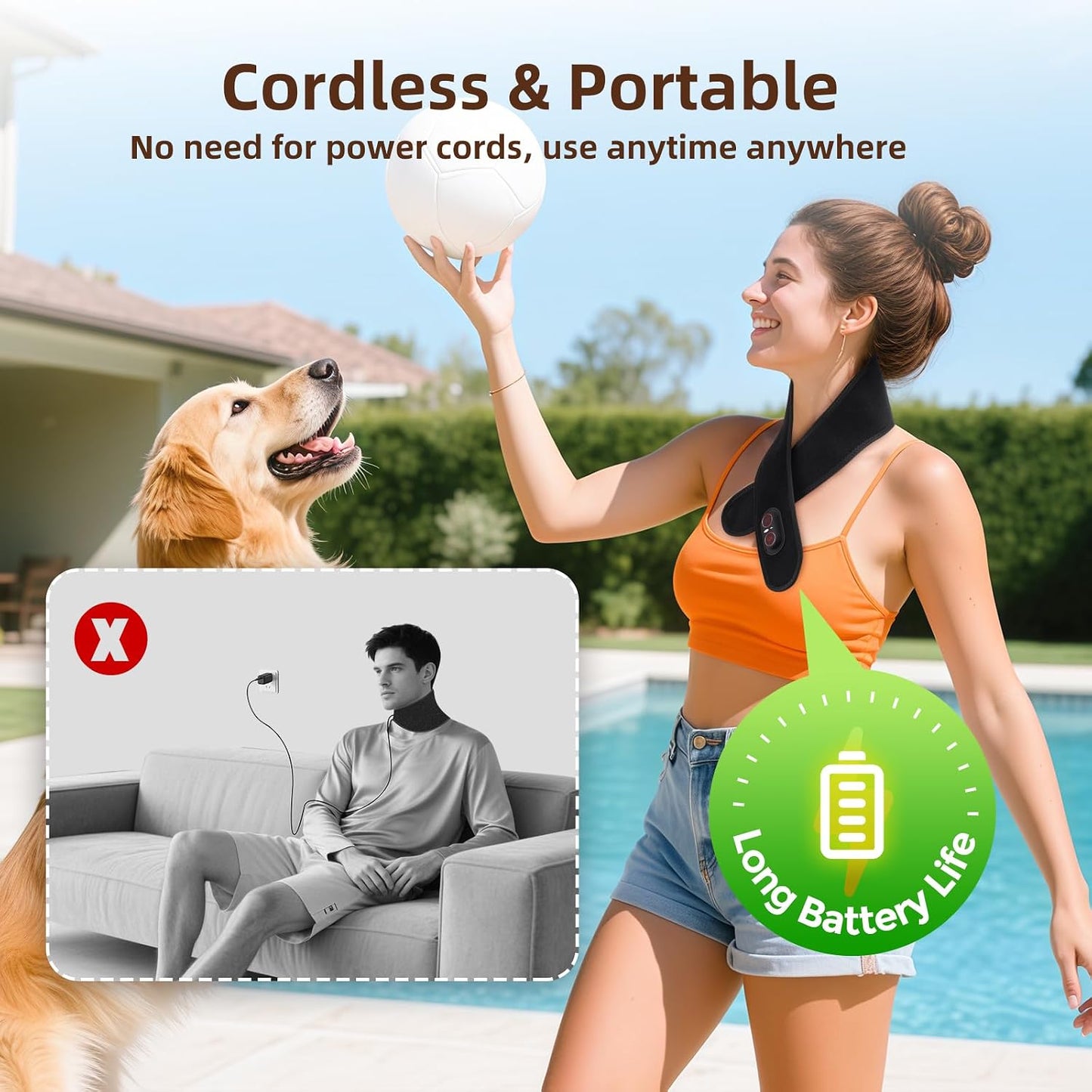 Cordless Neck Heating Pad for Pain, Neck Massager with 660nm 850nm Red Light, Heated Neck Wrap with 3000mAh Rechargeable, 3 Levels Heat & Massage, Black