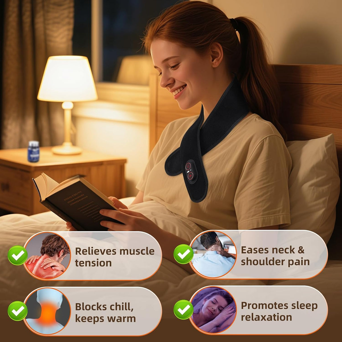 Cordless Neck Heating Pad for Pain, Neck Massager with 660nm 850nm Red Light, Heated Neck Wrap with 3000mAh Rechargeable, 3 Levels Heat & Massage, Black