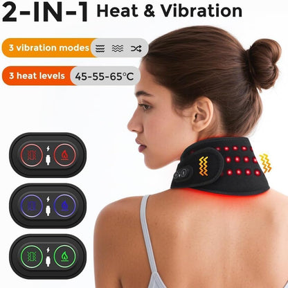 Cordless Neck Heating Pad for Pain, Neck Massager with 660nm 850nm Red Light, Heated Neck Wrap with 3000mAh Rechargeable, 3 Levels Heat & Massage, Black