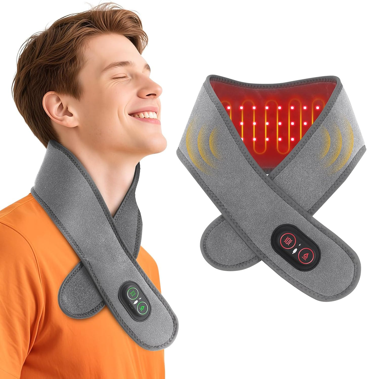 Cordless Neck Heating Pad for Pain, Neck Massager with 660nm 850nm Red Light, Heated Neck Wrap with 3000mAh Rechargeable, 3 Levels Heat & Massage, Black