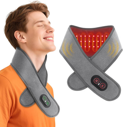 Cordless Neck Heating Pad for Pain, Neck Massager with 660nm 850nm Red Light, Heated Neck Wrap with 3000mAh Rechargeable, 3 Levels Heat & Massage, Black