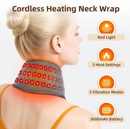 Cordless Neck Heating Pad for Pain, Neck Massager with 660nm 850nm Red Light, Heated Neck Wrap with 3000mAh Rechargeable, 3 Levels Heat & Massage, Black