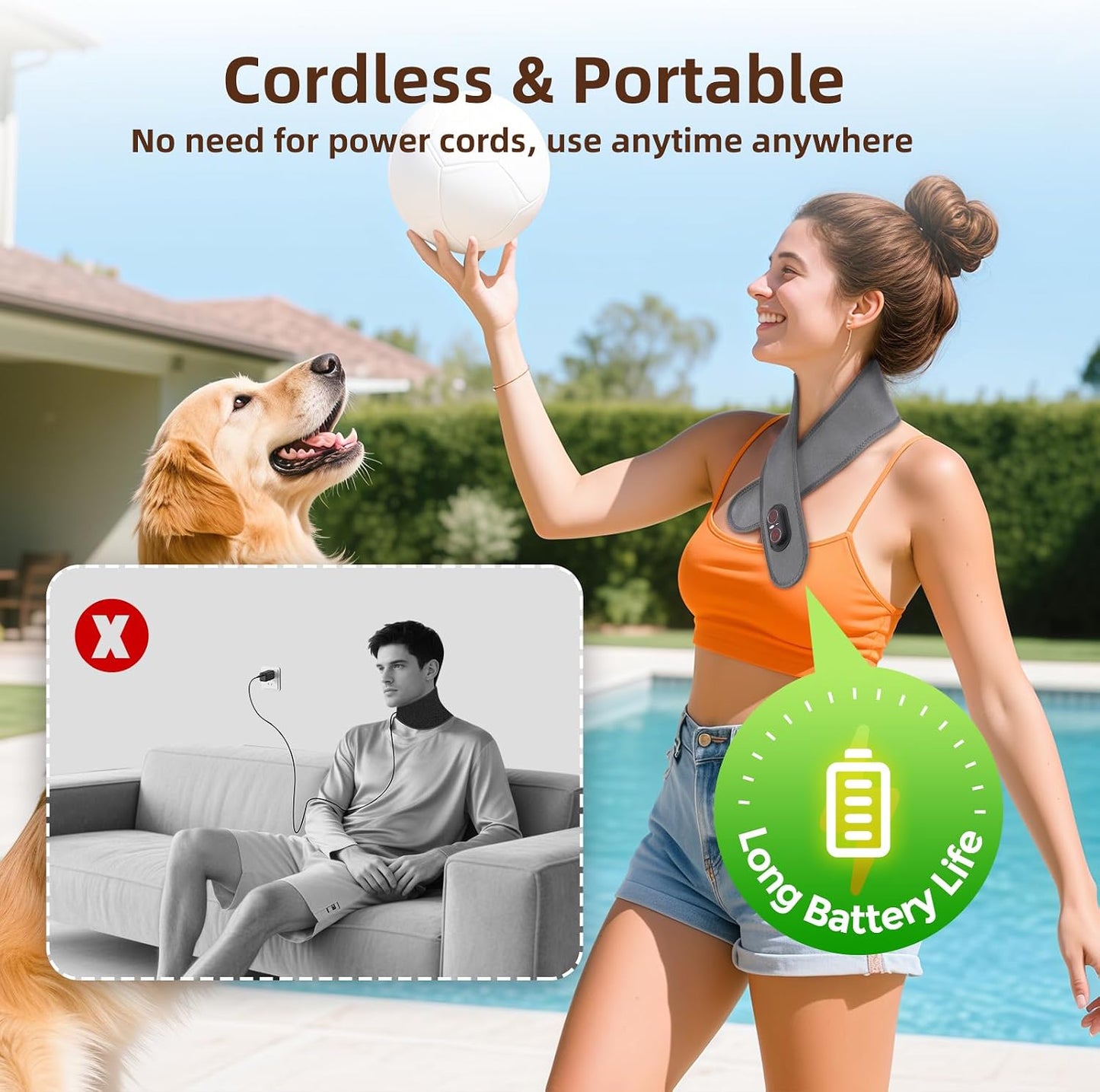 Cordless Neck Heating Pad for Pain, Neck Massager with 660nm 850nm Red Light, Heated Neck Wrap with 3000mAh Rechargeable, 3 Levels Heat & Massage, Black