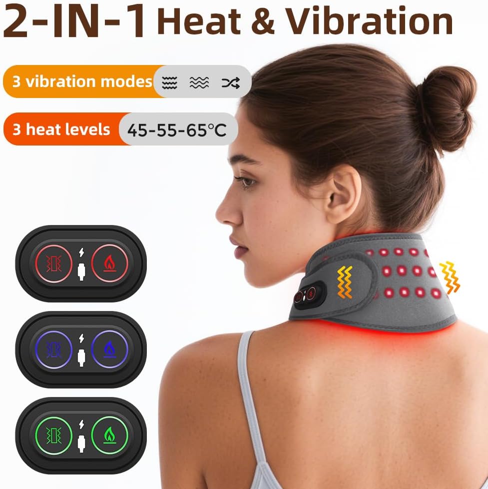 Cordless Neck Heating Pad for Pain, Neck Massager with 660nm 850nm Red Light, Heated Neck Wrap with 3000mAh Rechargeable, 3 Levels Heat & Massage, Black