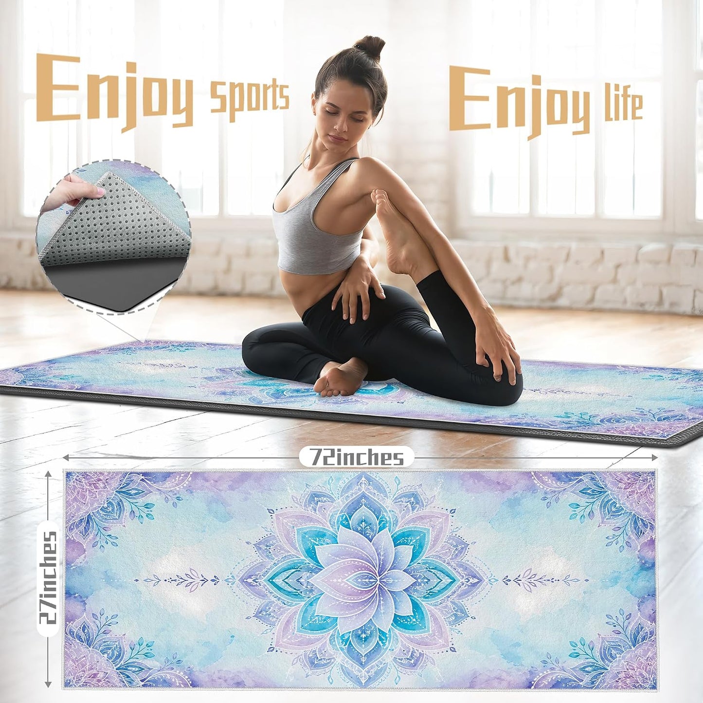 Yoga Towel,Absorbent Yoga Mat Towel for Hot Yoga Non Slip,Stylish Prints,Ideal for Workouts,Hot Yoga,Bikram,Pilates Equipment,72 x 27 in,Gradient Mandala
