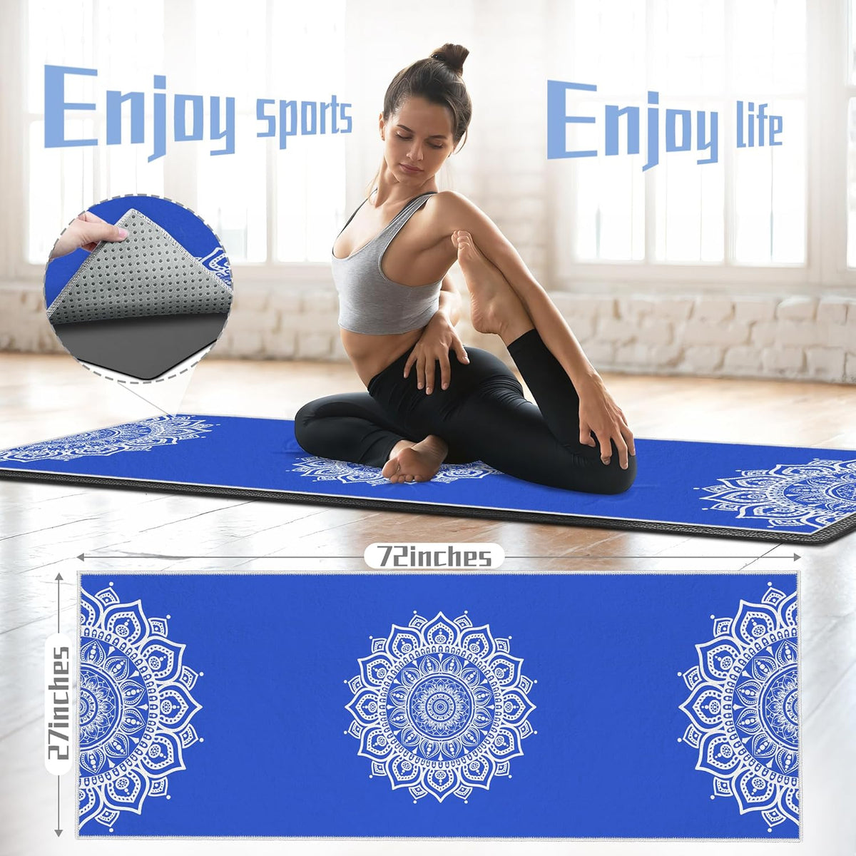 Yoga Towel,Absorbent Yoga Mat Towel for Hot Yoga Non Slip,Stylish Prints,Ideal for Workouts,Hot Yoga,Bikram,Pilates Equipment,72 x 27 in,Gradient Mandala