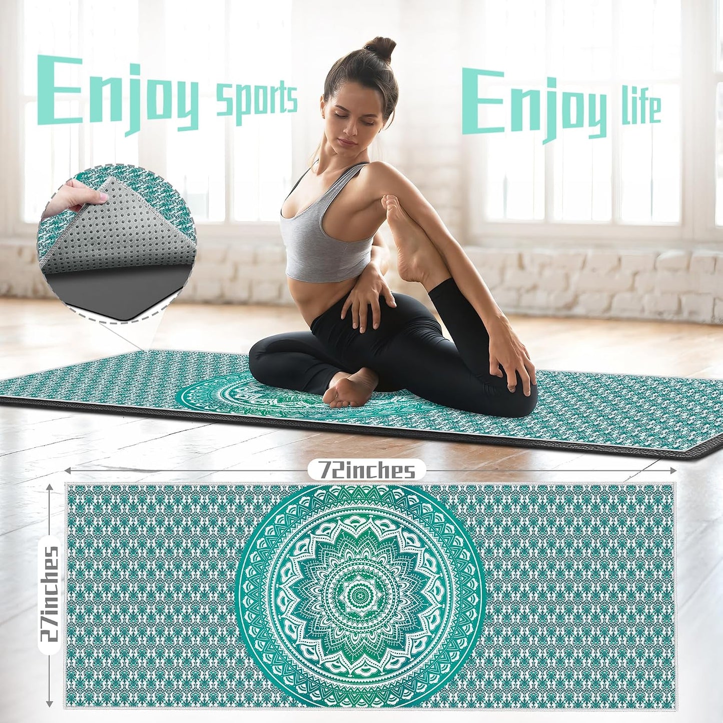 Yoga Towel,Absorbent Yoga Mat Towel for Hot Yoga Non Slip,Stylish Prints,Ideal for Workouts,Hot Yoga,Bikram,Pilates Equipment,72 x 27 in,Gradient Mandala