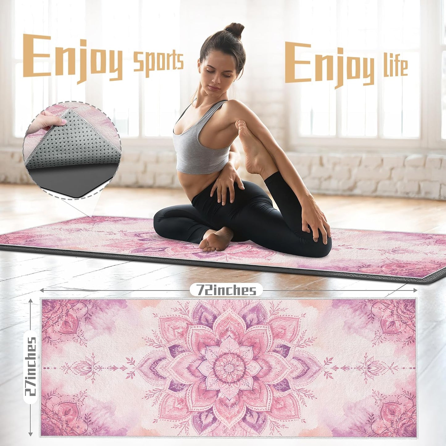 Yoga Towel,Absorbent Yoga Mat Towel for Hot Yoga Non Slip,Stylish Prints,Ideal for Workouts,Hot Yoga,Bikram,Pilates Equipment,72 x 27 in,Gradient Mandala