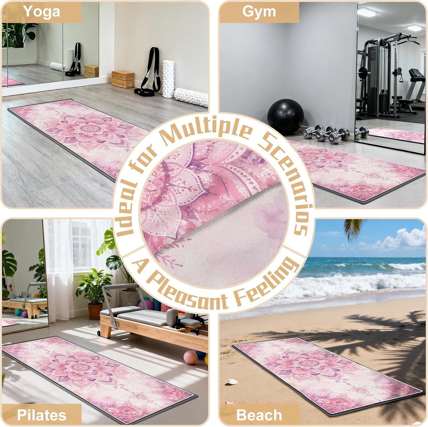 Yoga Towel,Absorbent Yoga Mat Towel for Hot Yoga Non Slip,Stylish Prints,Ideal for Workouts,Hot Yoga,Bikram,Pilates Equipment,72 x 27 in,Gradient Mandala