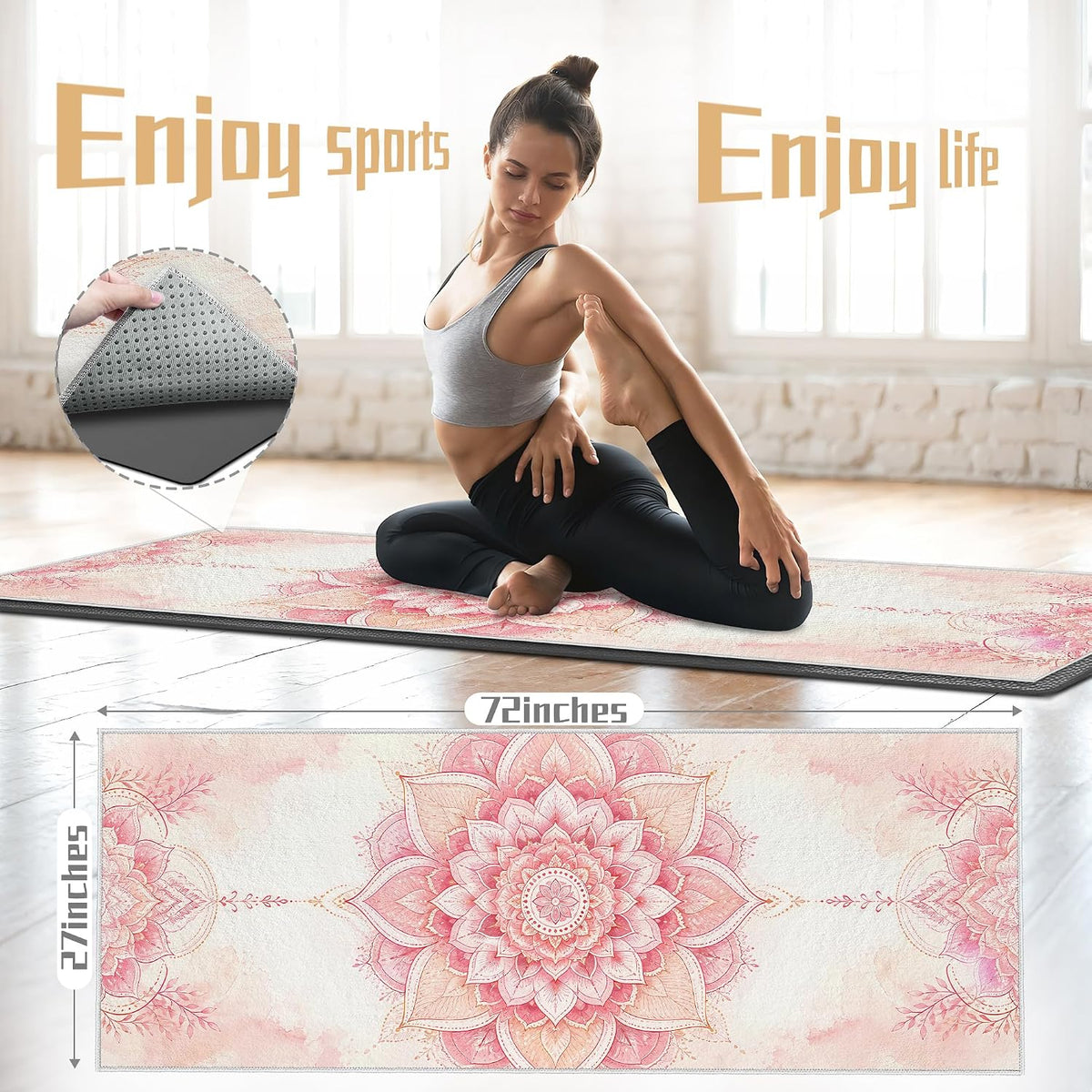 Yoga Towel,Absorbent Yoga Mat Towel for Hot Yoga Non Slip,Stylish Prints,Ideal for Workouts,Hot Yoga,Bikram,Pilates Equipment,72 x 27 in,Gradient Mandala