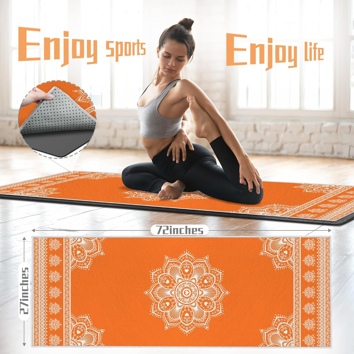Yoga Towel,Absorbent Yoga Mat Towel for Hot Yoga Non Slip,Stylish Prints,Ideal for Workouts,Hot Yoga,Bikram,Pilates Equipment,72 x 27 in,Gradient Mandala