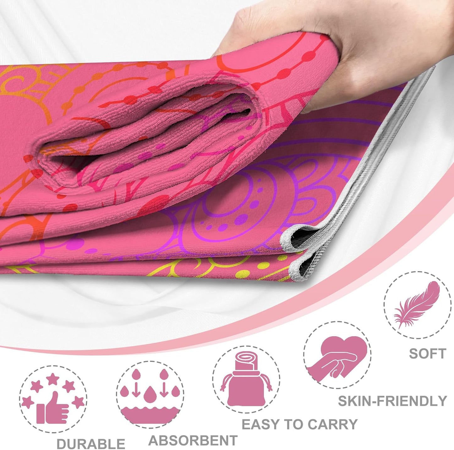 Yoga Towel,Absorbent Yoga Mat Towel for Hot Yoga Non Slip,Stylish Prints,Ideal for Workouts,Hot Yoga,Bikram,Pilates Equipment,72 x 27 in,Gradient Mandala