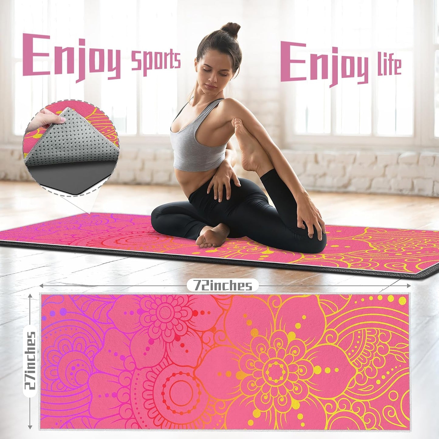 Yoga Towel,Absorbent Yoga Mat Towel for Hot Yoga Non Slip,Stylish Prints,Ideal for Workouts,Hot Yoga,Bikram,Pilates Equipment,72 x 27 in,Gradient Mandala