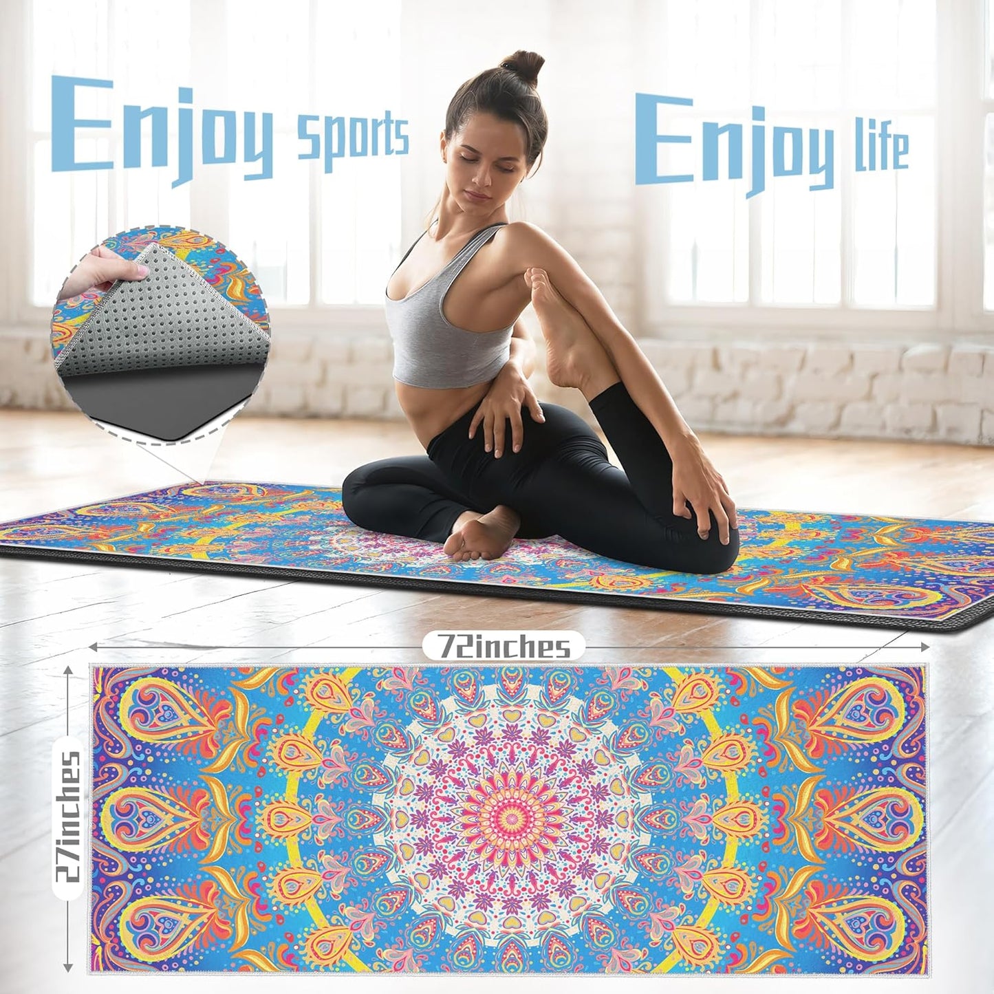 Yoga Towel,Absorbent Yoga Mat Towel for Hot Yoga Non Slip,Stylish Prints,Ideal for Workouts,Hot Yoga,Bikram,Pilates Equipment,72 x 27 in,Gradient Mandala