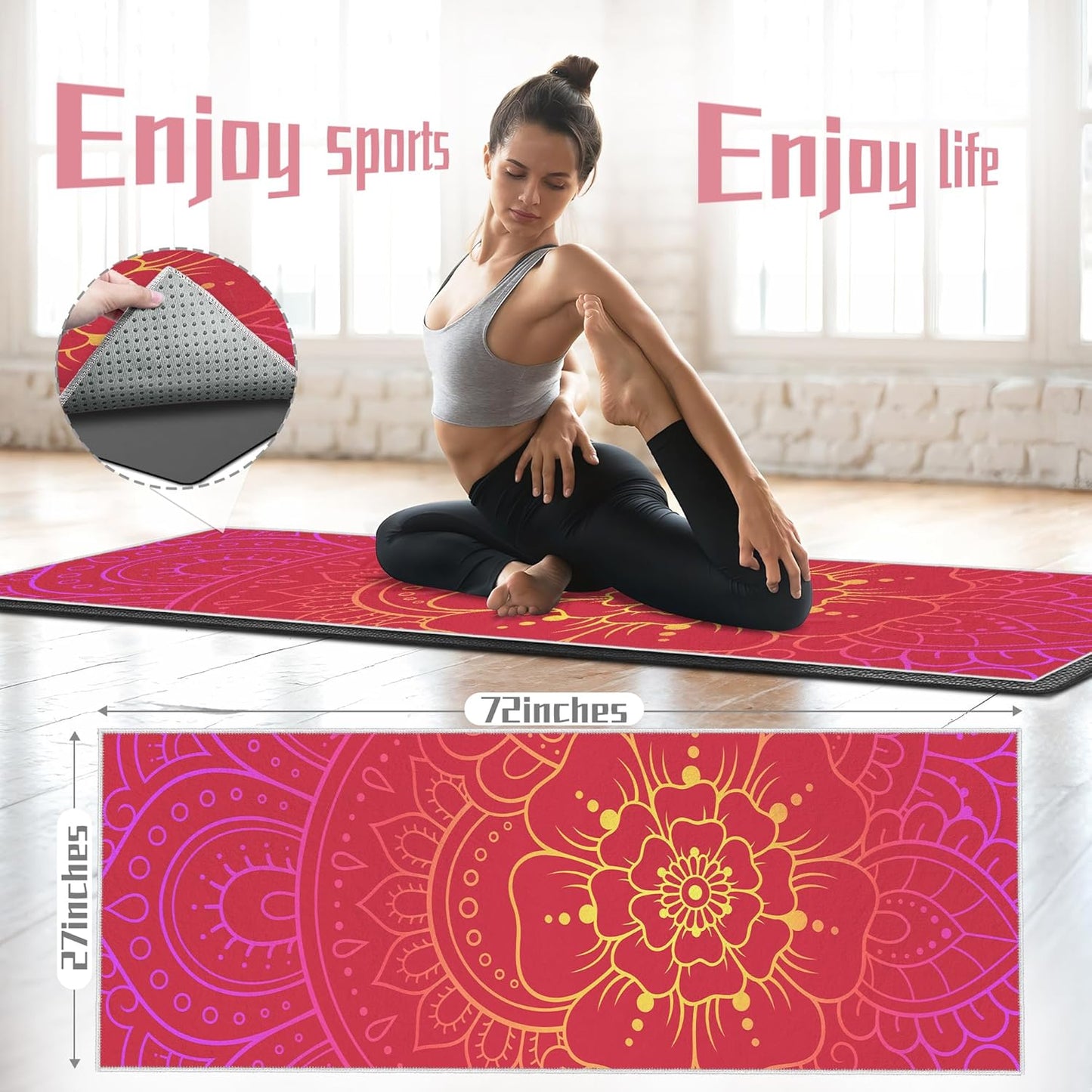 Yoga Towel,Absorbent Yoga Mat Towel for Hot Yoga Non Slip,Stylish Prints,Ideal for Workouts,Hot Yoga,Bikram,Pilates Equipment,72 x 27 in,Gradient Mandala
