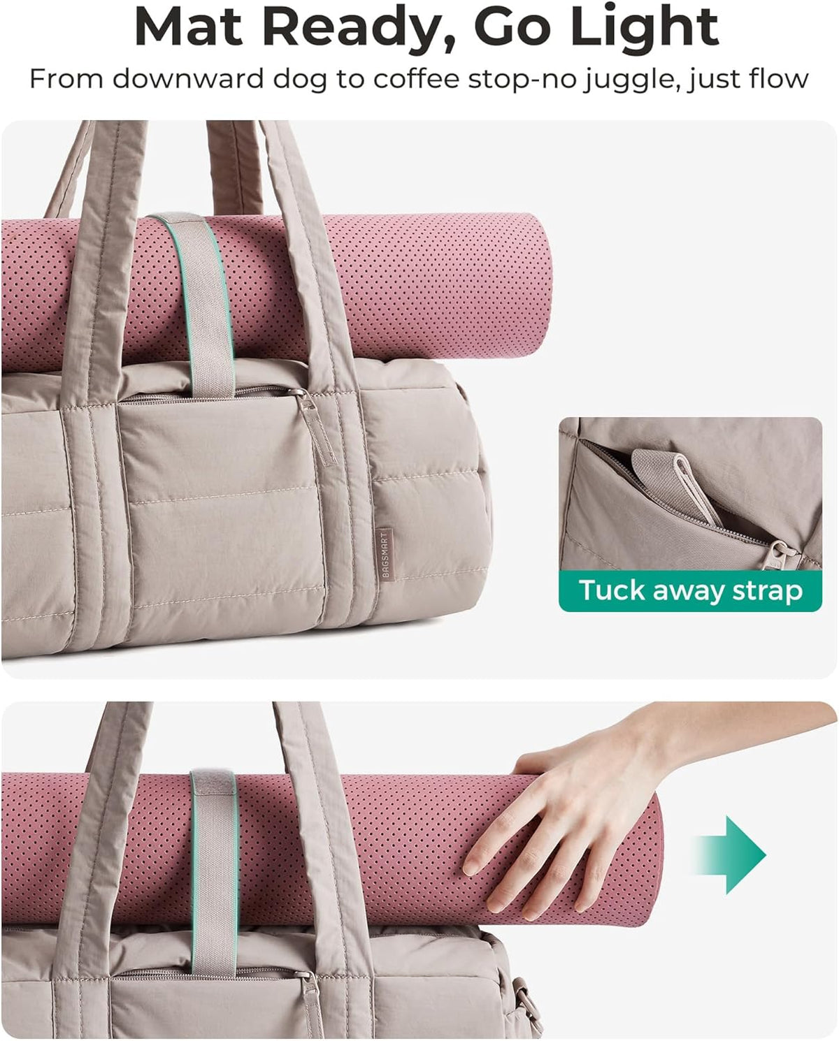 Reiki Gym Bag for Women Puffy Yoga Mat Travel Weekender Duffle Bag | Lint-Resistant Lining, Wet-Dry Pocket & Anti-Slip Mat Loop, Ultra-Light, Roomy for Workout Gear, Water Bottle, Travel, Sports