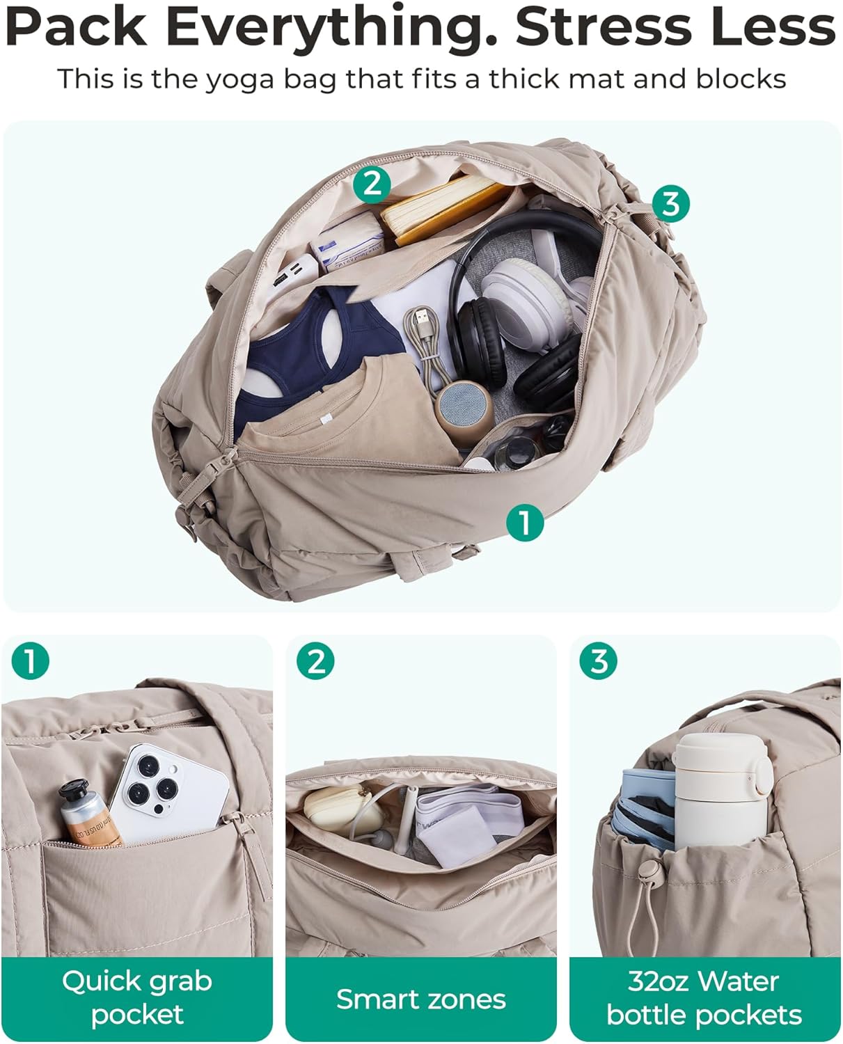 Reiki Gym Bag for Women Puffy Yoga Mat Travel Weekender Duffle Bag | Lint-Resistant Lining, Wet-Dry Pocket & Anti-Slip Mat Loop, Ultra-Light, Roomy for Workout Gear, Water Bottle, Travel, Sports