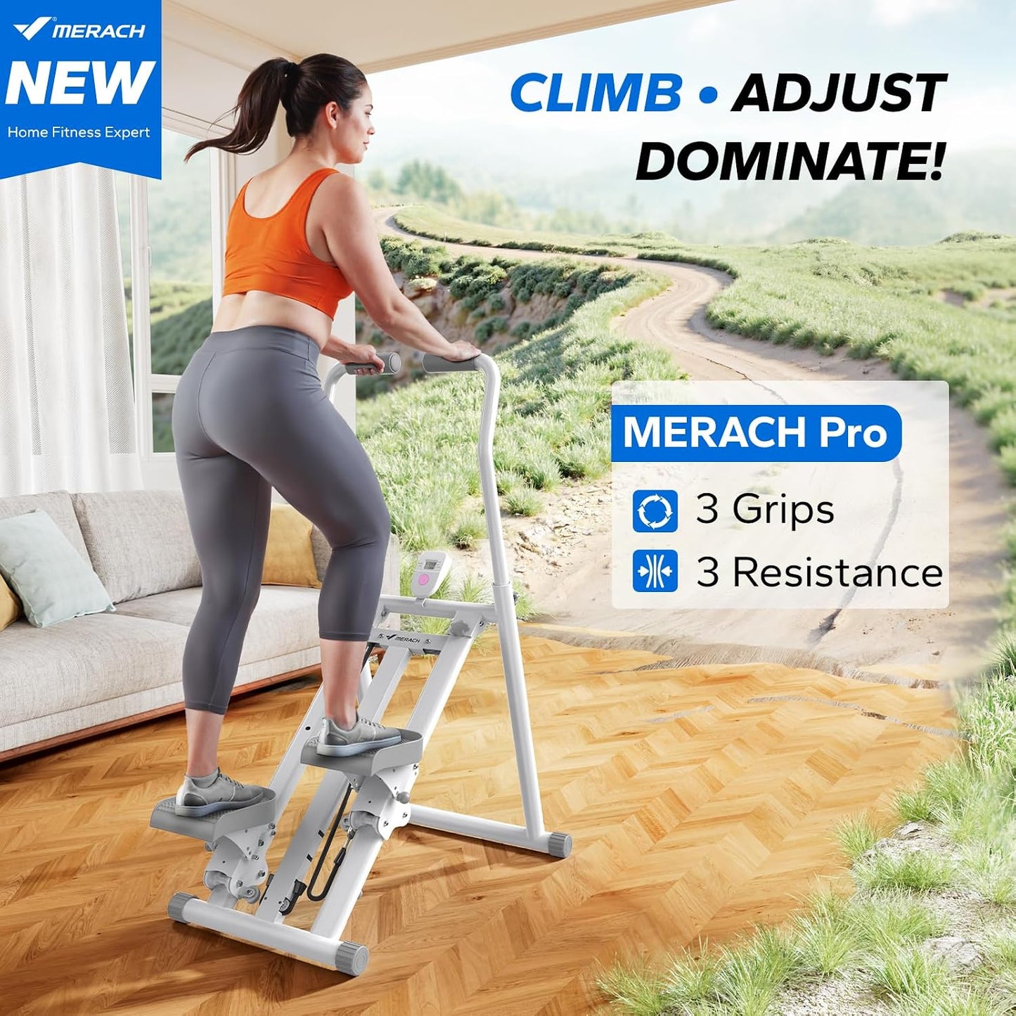 MERACH Stair Stepper for Home Gym Exercise, New Version Stairmaster for Full-Body Workout, Compact Folding Stair Climber with Extended Step Range, Adjustable Handlebar/Pedal