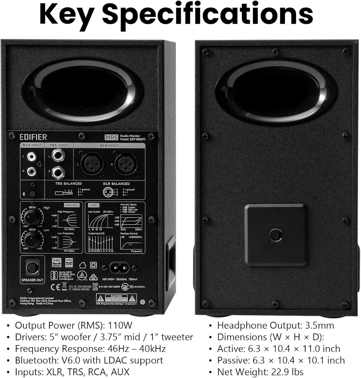 MR5 2.0 Studio Monitor Bookshelf Speakers, 110W(RMS), Hi-Res Audio, Bluetooth 6.0, 3-Way Active Design, Room Compensation, XLR/TRS/RCA Inputs, Compact Size for Home Studio & Music - Black