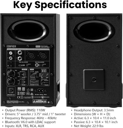 MR5 2.0 Studio Monitor Bookshelf Speakers, 110W(RMS), Hi-Res Audio, Bluetooth 6.0, 3-Way Active Design, Room Compensation, XLR/TRS/RCA Inputs, Compact Size for Home Studio & Music - Black