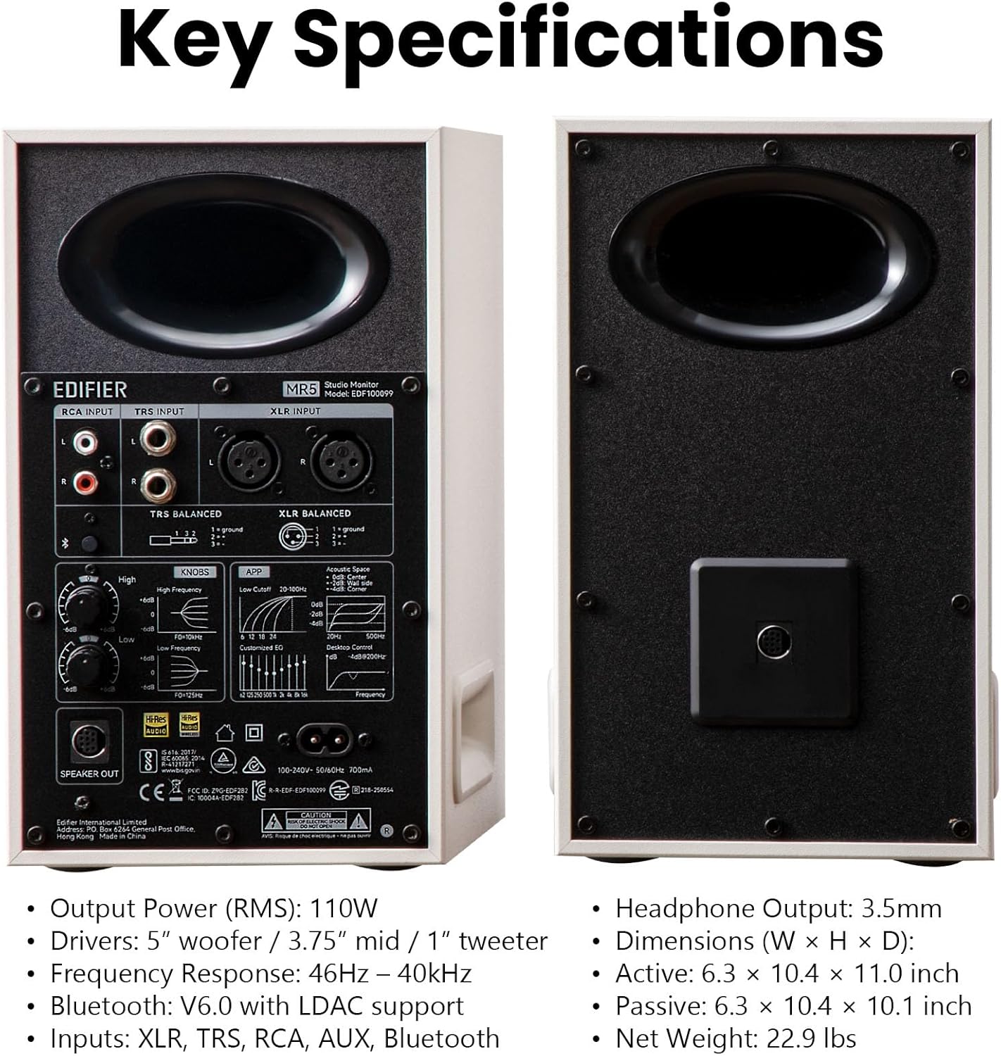 MR5 2.0 Studio Monitor Bookshelf Speakers, 110W(RMS), Hi-Res Audio, Bluetooth 6.0, 3-Way Active Design, Room Compensation, XLR/TRS/RCA Inputs, Compact Size for Home Studio & Music - Black