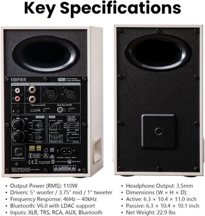 MR5 2.0 Studio Monitor Bookshelf Speakers, 110W(RMS), Hi-Res Audio, Bluetooth 6.0, 3-Way Active Design, Room Compensation, XLR/TRS/RCA Inputs, Compact Size for Home Studio & Music - Black