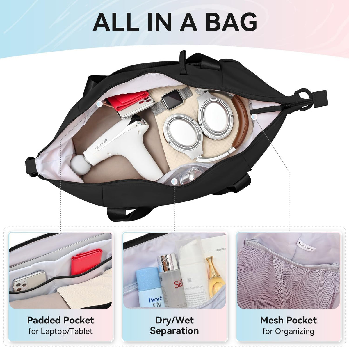 Women's Gym Yoga Duffle Bag with Shoe Pouch,Multi-Purpose Overnight Travel Bag for Gym,Work, Dance, Sports