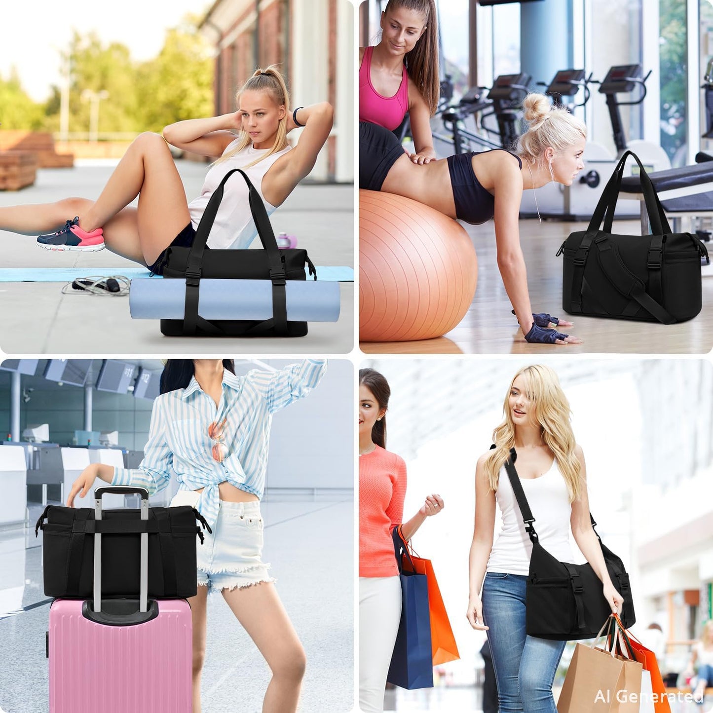 Women's Gym Yoga Duffle Bag with Shoe Pouch,Multi-Purpose Overnight Travel Bag for Gym,Work, Dance, Sports