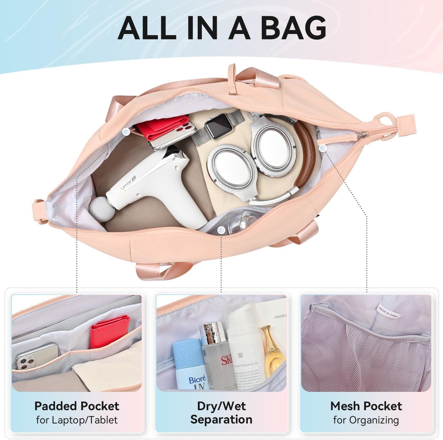 Women's Gym Yoga Duffle Bag with Shoe Pouch,Multi-Purpose Overnight Travel Bag for Gym,Work, Dance, Sports