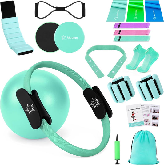 Pilates Equipment Kit for Home Workout, Pilates Ring and Ball Set for Women, 14'' Magic Circle Essentials Accessories Kit, Wrist Weights, Resistance Bands, Yoga Strap, Socks, Bag Light Green