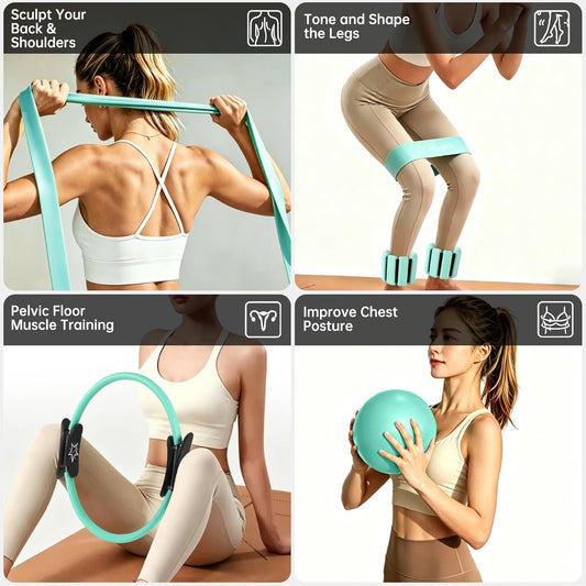Pilates Equipment Kit for Home Workout, Pilates Ring and Ball Set for Women, 14'' Magic Circle Essentials Accessories Kit, Wrist Weights, Resistance Bands, Yoga Strap, Socks, Bag Light Green