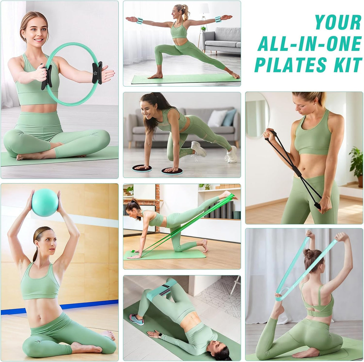Pilates Equipment Kit for Home Workout, Pilates Ring and Ball Set for Women, 14'' Magic Circle Essentials Accessories Kit, Wrist Weights, Resistance Bands, Yoga Strap, Socks, Bag Light Green