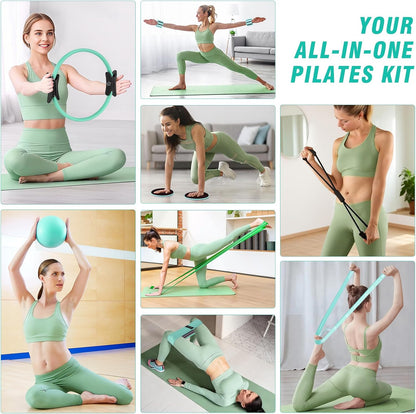 Pilates Equipment Kit for Home Workout, Pilates Ring and Ball Set for Women, 14'' Magic Circle Essentials Accessories Kit, Wrist Weights, Resistance Bands, Yoga Strap, Socks, Bag Light Green