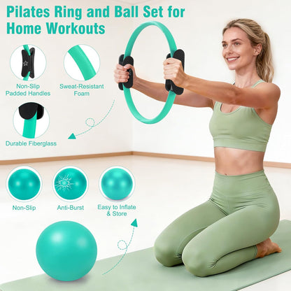 Pilates Equipment Kit for Home Workout, Pilates Ring and Ball Set for Women, 14'' Magic Circle Essentials Accessories Kit, Wrist Weights, Resistance Bands, Yoga Strap, Socks, Bag Light Green