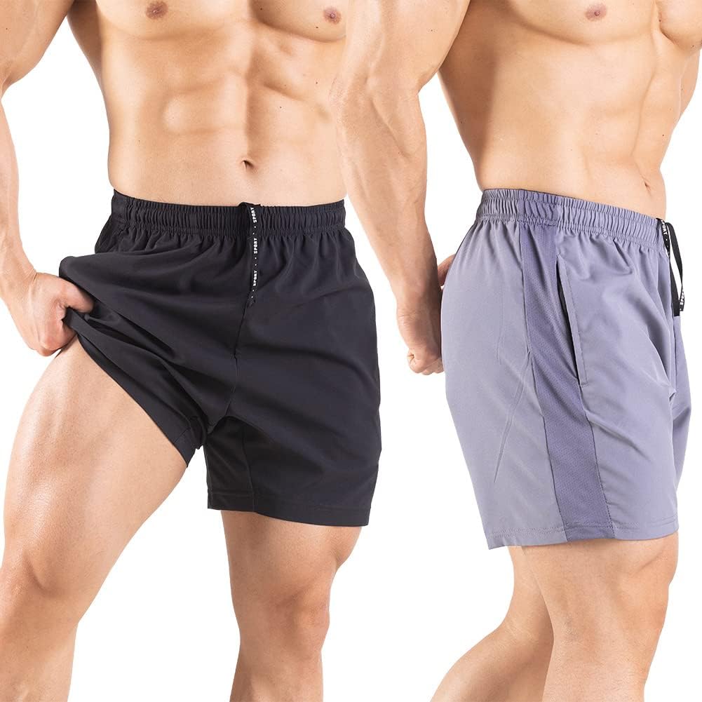 Men's 5" Running Shorts 2 Pack Quick Dry Athletic Workout Gym Shorts with Zipper Pockets