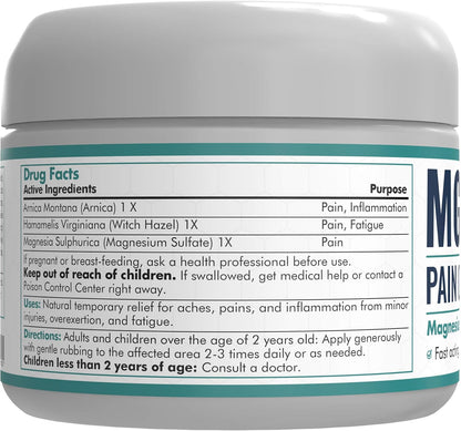 MG+ Magnesium Cream Pain Relief - Extra Strength Magnesium and Arnica Cream - 4 OZ Tub - Neuropathy, Muscle Pain, and Leg Cramps Relief - 1 Pack