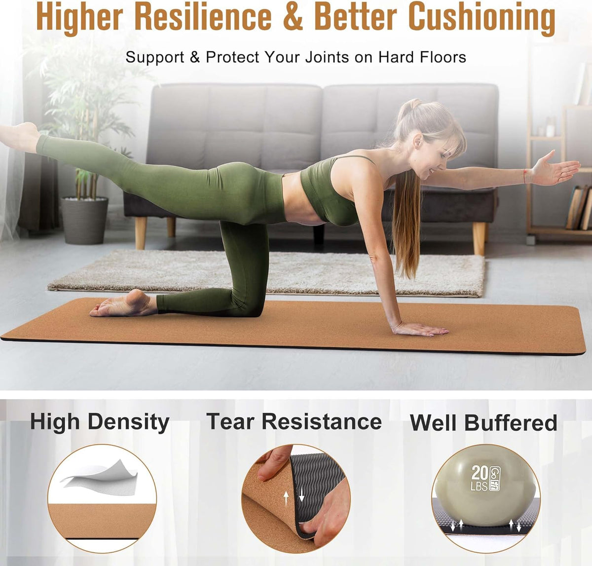 Premium Cork Yoga Mat 1/4 & 2/5 Inch Thick 72 x 26 in | Thick Cork and TPE Non Slip Yoga Mats for Women Men, Sweat Proof Eco-friendly, Great for Hot Yoga & Workouts