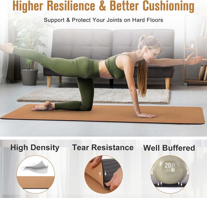 Premium Cork Yoga Mat 1/4 & 2/5 Inch Thick 72 x 26 in | Thick Cork and TPE Non Slip Yoga Mats for Women Men, Sweat Proof Eco-friendly, Great for Hot Yoga & Workouts